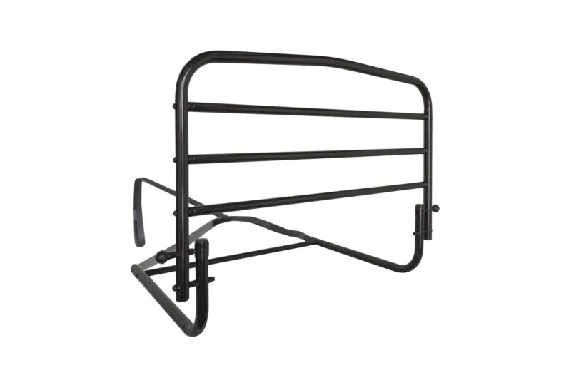 Black metal bed support rail with horizontal bars.
