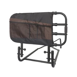 Black and brown adjustable bed rail with pouch.
