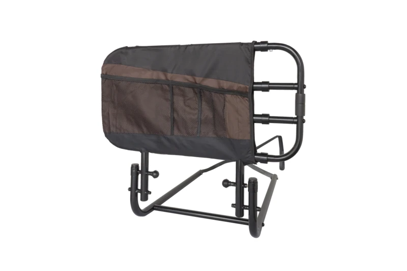 Black and brown adjustable bed rail with pouch.
