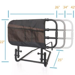 Adjustable bed rail with pouch showing dimensions of 26 to 42 inches.
