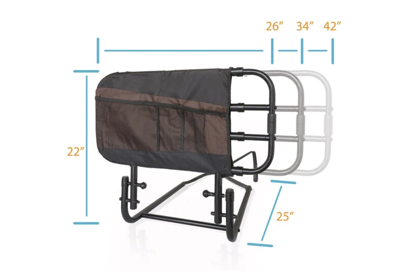 Adjustable bed rail with pouch showing dimensions of 26 to 42 inches.