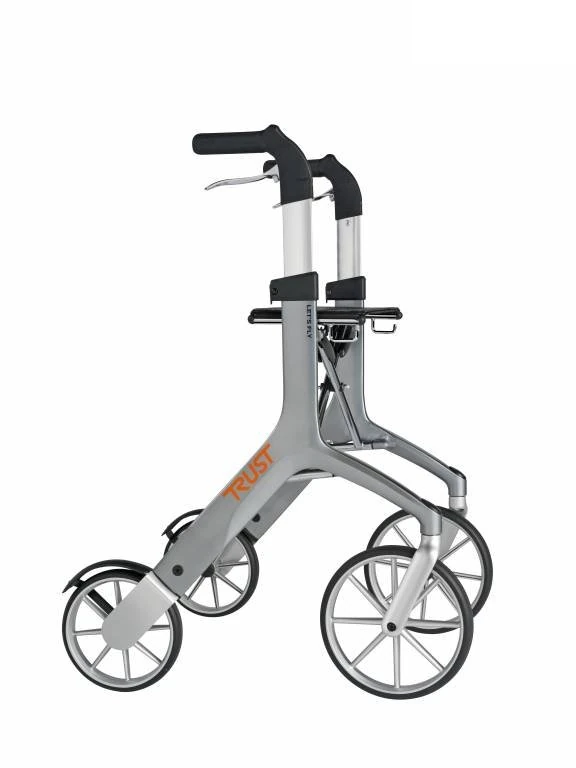 Side view of Let's Fly Rollator with ergonomic handles and large wheels.