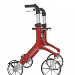 Red Let's Fly Rollator with visible branding and ergonomic handles.