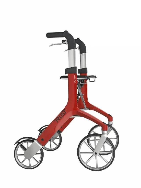 Red Let's Fly Rollator with visible branding and ergonomic handles.