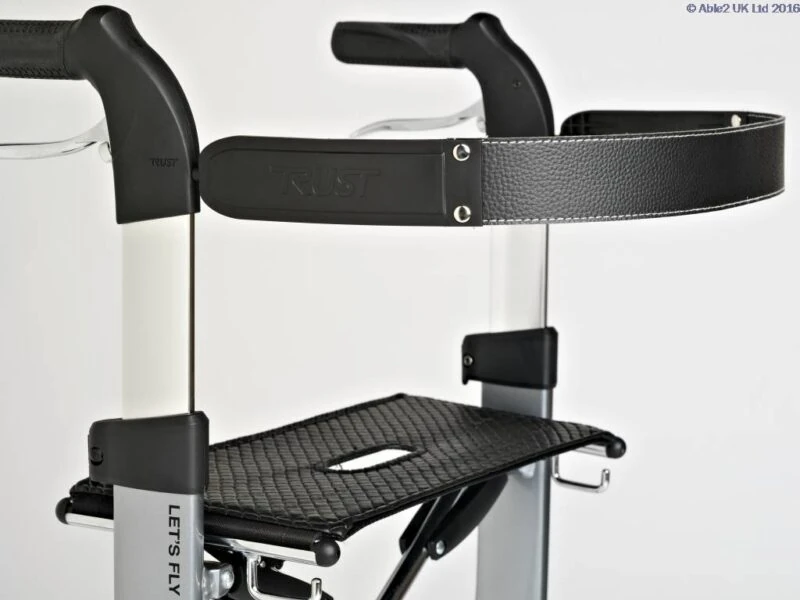 Close-up of Let's Fly Rollator showing handle and seat.