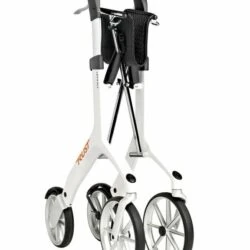 Folded Let's Fly Rollator in white with visible wheels and handles.
