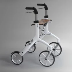 White Let's Fly Rollator with ergonomic handles and seat.