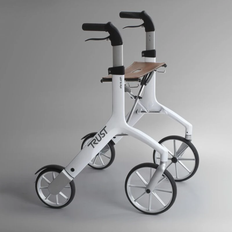 White Let's Fly Rollator with ergonomic handles and seat.