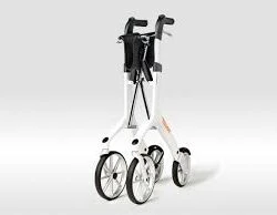 Folded white Let's Fly Rollator with four wheels and a black bag.