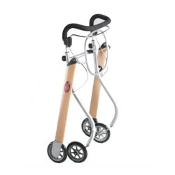 Lightweight indoor rollator with four wheels and sleek frame.