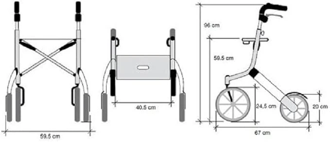 Diagram showing dimensions of Lets Go Out Rollator.