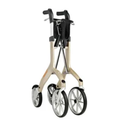 Beige and silver rollator with large wheels and ergonomic handles.