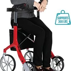Person seated on a red Let's Fly Rollator.