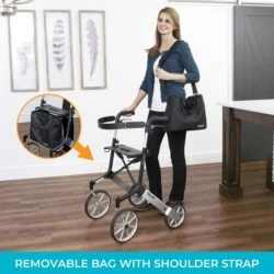 Woman using a Trust rollator with big wheels indoors.