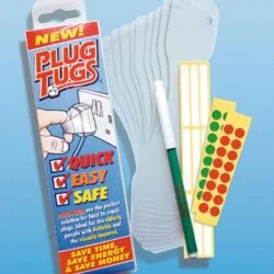 Plug Tugs packaging with tags, pen, and stickers.