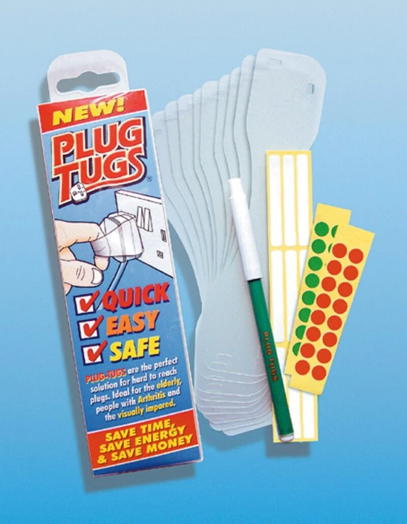 Plug Tugs packaging with tags, pen, and stickers.