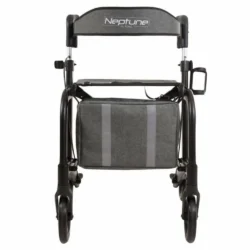 Front view of a rollator with a gray bag and large wheels.