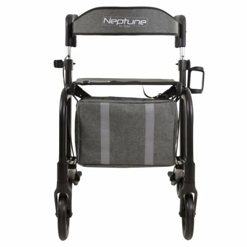 Front view of a rollator with a gray bag and large wheels.