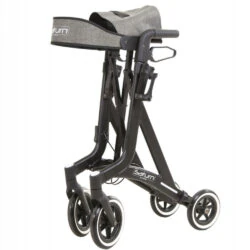 Folded black rollator with large front wheels and a bag.