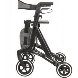 Side view of the Saturn rollator with large front wheels and a bag.