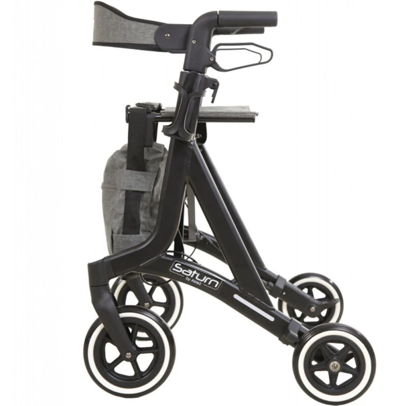 Side view of the Saturn rollator with large front wheels and a bag.