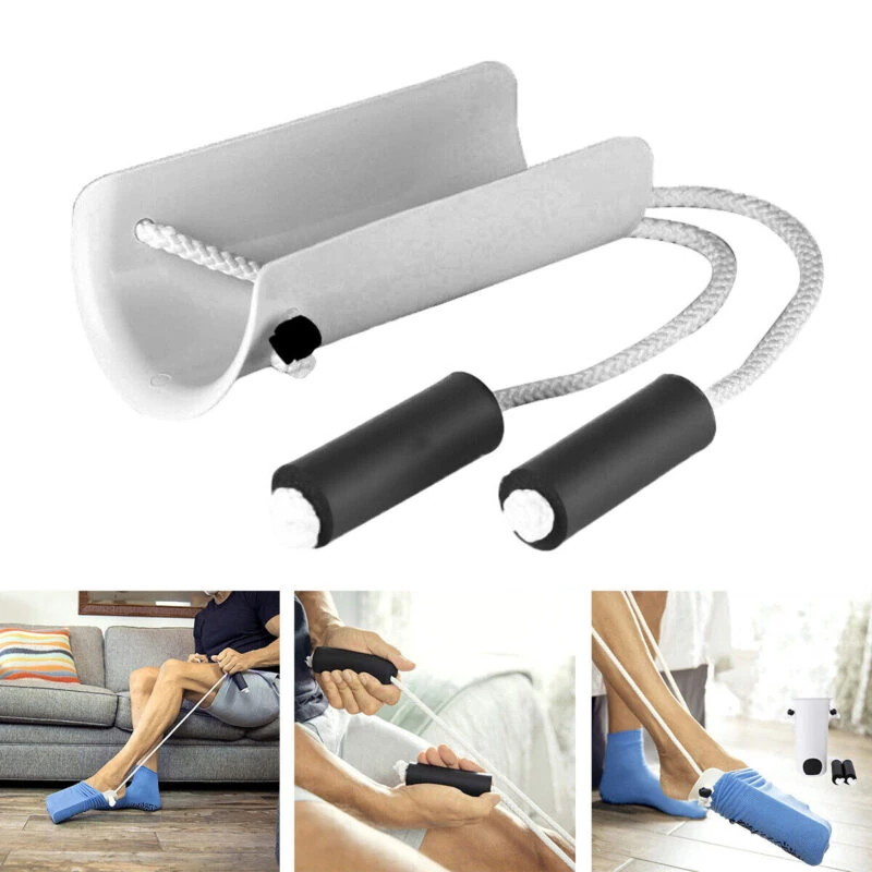 Sock stocking aid with black handles and white flexible body.