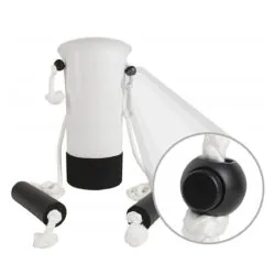 Sock stocking aid with black handles and white ropes.
