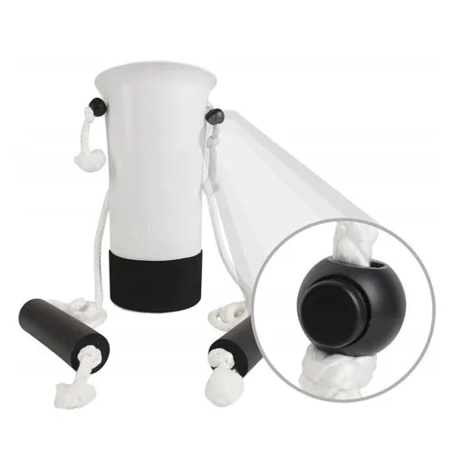 Sock stocking aid with black handles and white ropes.