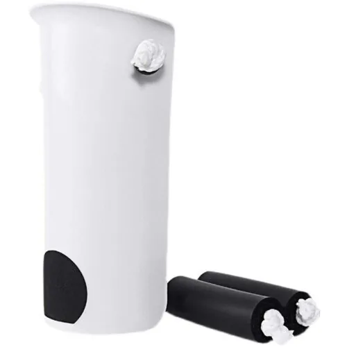 White sock stocking aid with black foam handles.