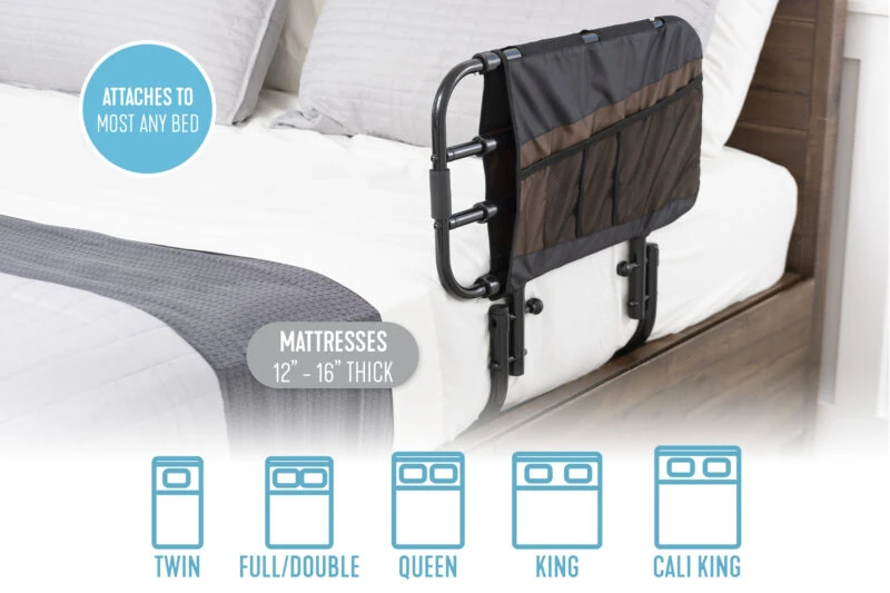 Bed rail with organizer pouch attached to a bed.