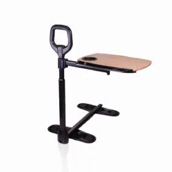 Standing aid with a dual pivoting tray and handle.