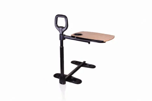 Standing aid with a dual pivoting tray and handle.