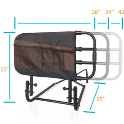 Adjustable bed rail with pouch showing dimensions 26 to 42 inches.