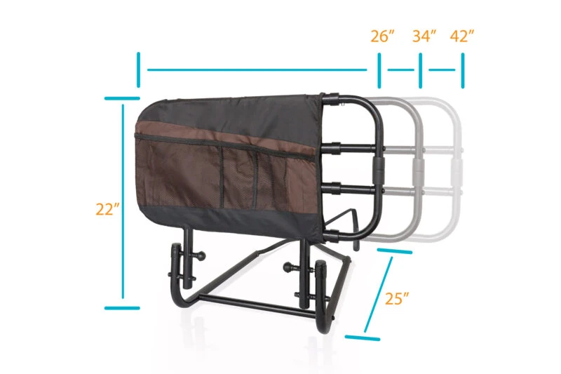 Adjustable bed rail with pouch showing dimensions 26 to 42 inches.