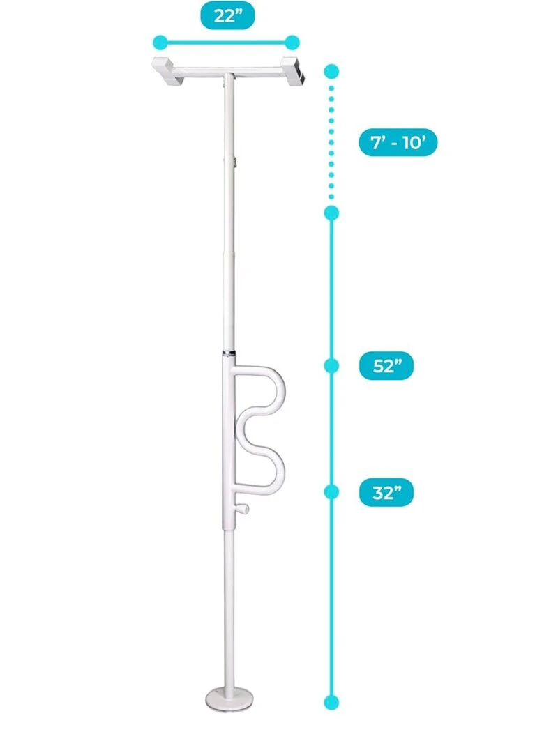 White security pole with curved grab bar and measurement labels.