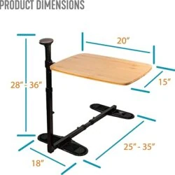 Swivel table with dimensions labeled, showing adjustable height and base.