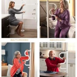 Stander Security Pole & Curve Grab Bar shown in bathroom, bedroom, living room, and kitchen.