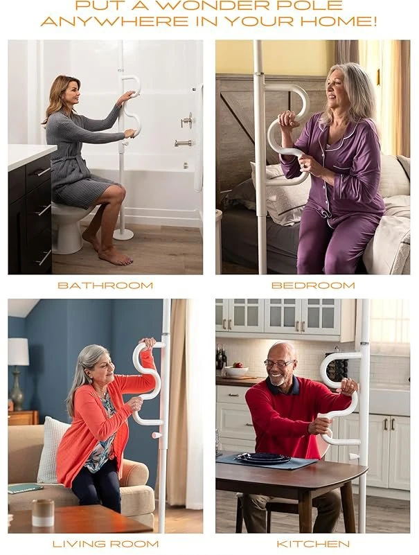 Stander Security Pole & Curve Grab Bar shown in bathroom, bedroom, living room, and kitchen.