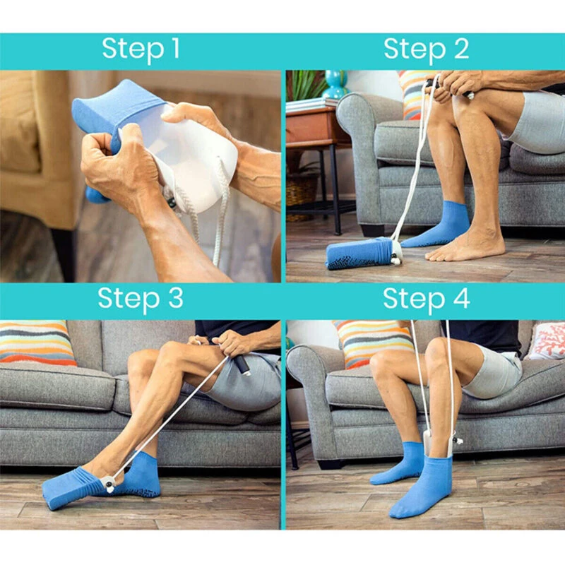 Four-step process of using a sock stocking aid to put on socks.