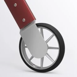 Close-up view of a rollator wheel with a red frame and silver spokes.