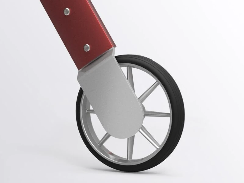Close-up view of a rollator wheel with a red frame and silver spokes.