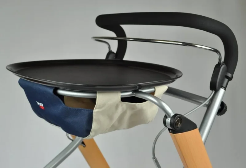 Close-up of Lets Go Rollator showing tray and storage bag.