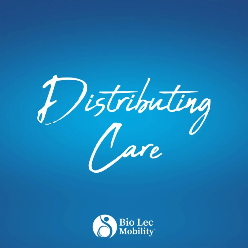 Blue background with 'Distributing Care' text and Bio Lec Mobility logo.
