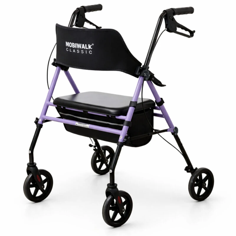 Purple MobiWalk Classic Rollator Walker with seat and backrest.