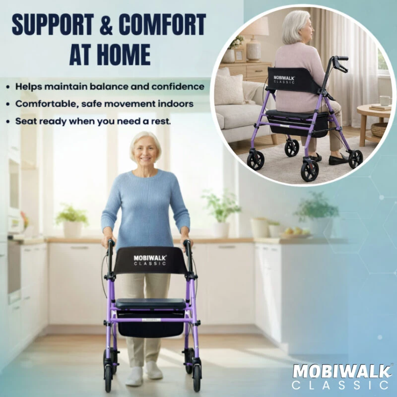Elderly woman using a purple MobiWalk Classic rollator walker indoors.