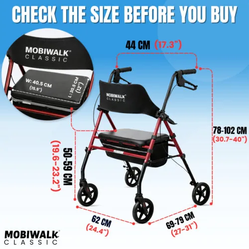 MobiWalk Classic Rollator with measurements in red.