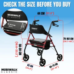 MobiWalk Classic Rollator with measurements in red.