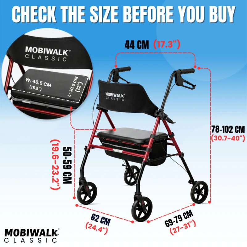 MobiWalk Classic Rollator with measurements in red.
