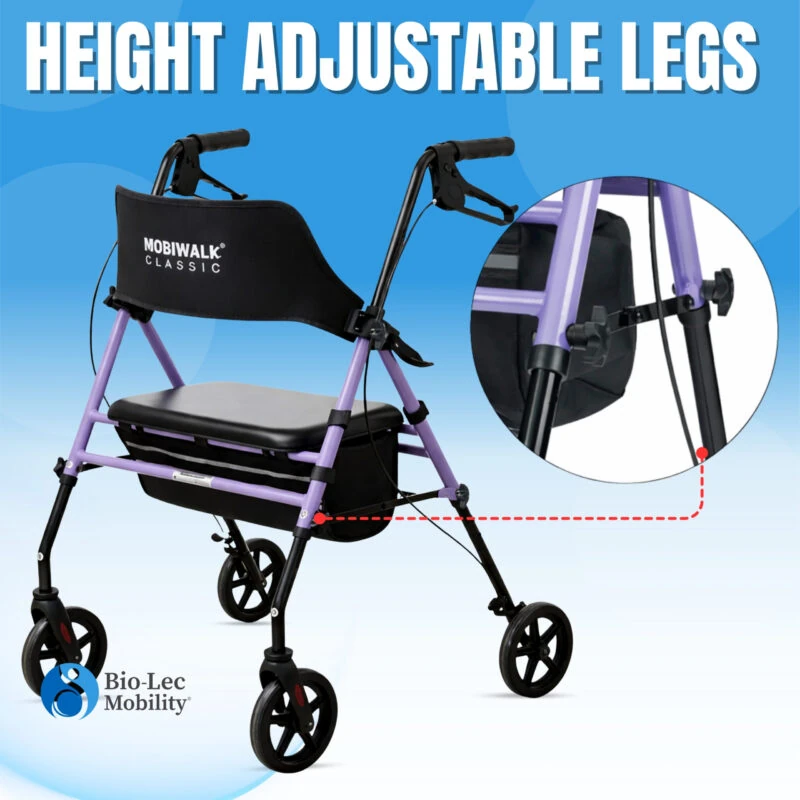 Purple rollator walker with adjustable legs and seat.