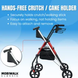 Red MobiWalk rollator with a cane holder against a blue background.